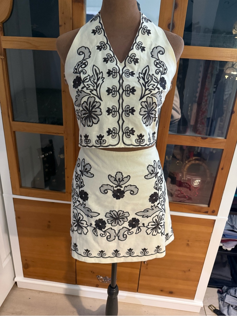 Cream and Black Embroidered Halter Mini Skirt & Top Set
